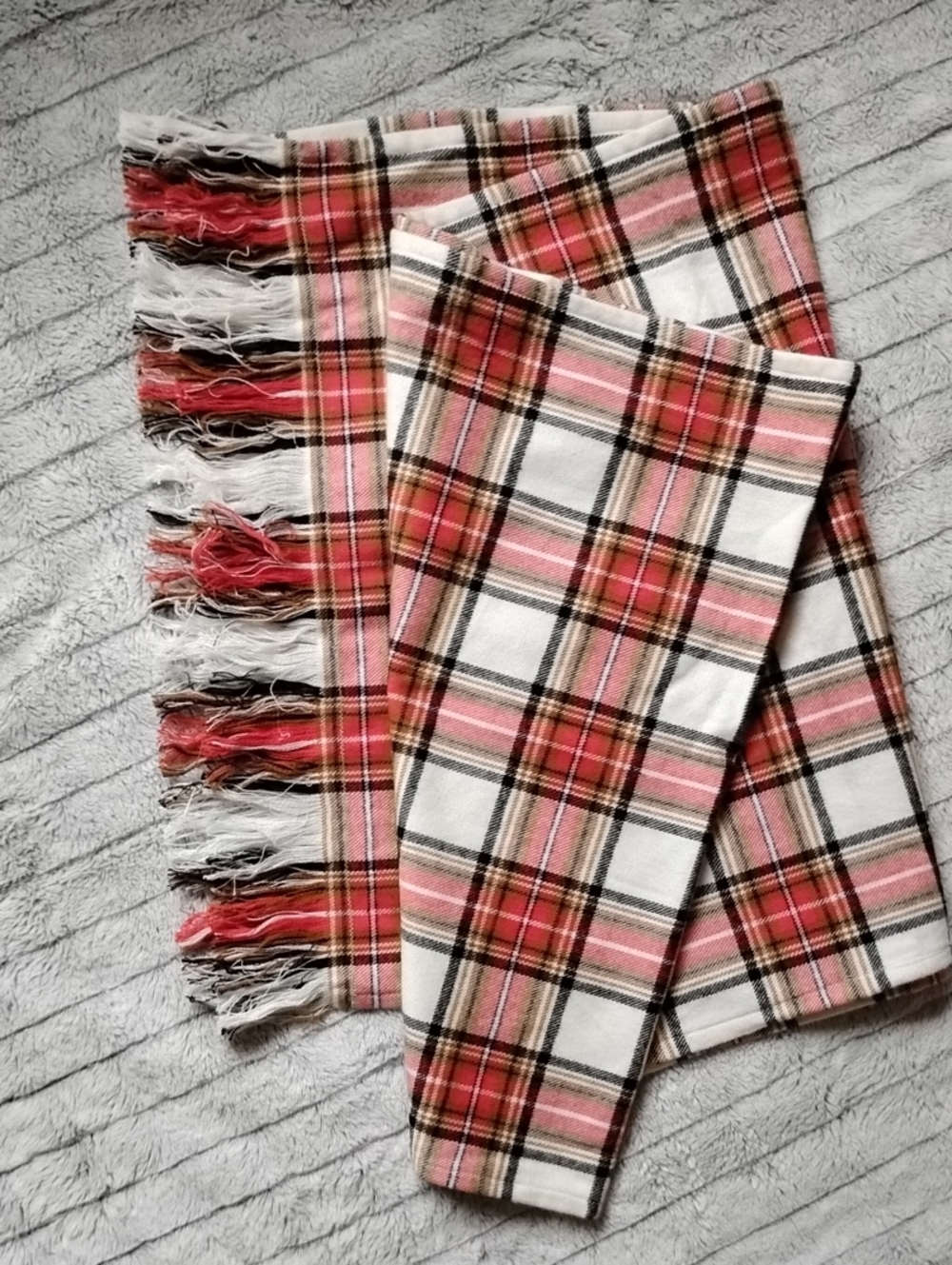 Fall Plaid Fringe Scarf - White, Red, Tan And Pink Tones - Picture 2 of 4